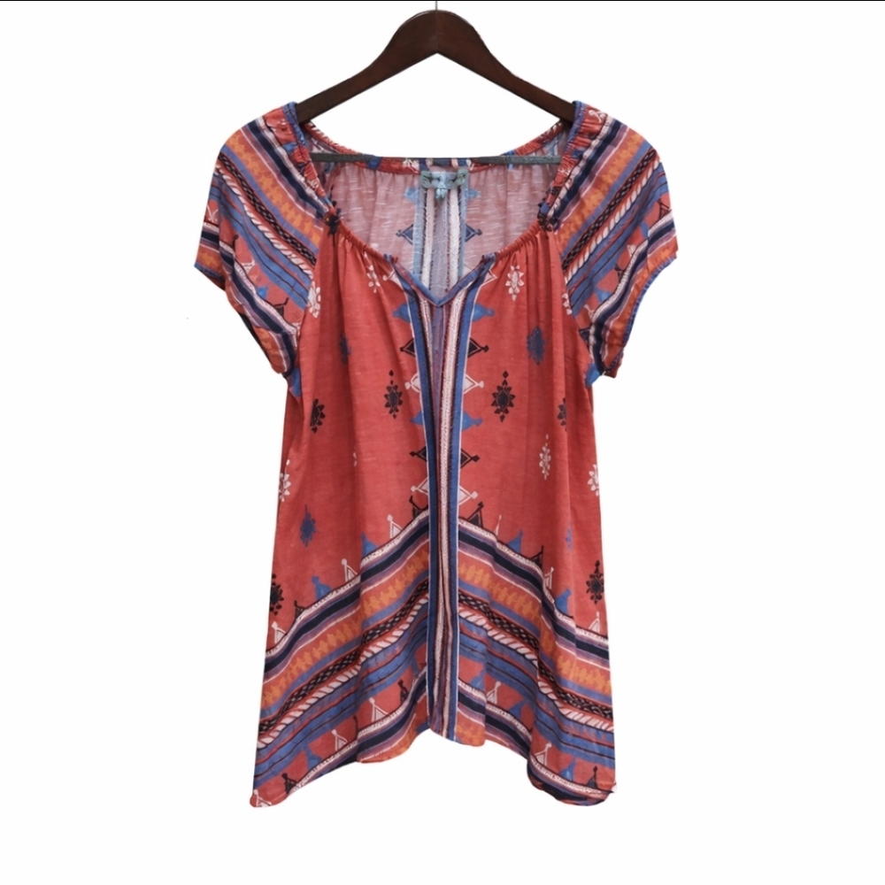 Absolutely Famous Multicolored Bohemian Southwestern Split Vneck Blouse Sz Lg